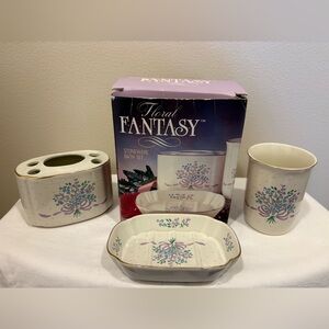 Vintage Stoneware 3pc Bathroom Vanity Set Made Japan Lavender Pink Ribbon W/Box